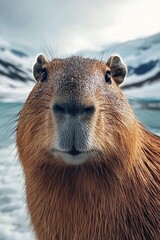 Portrait of a cute capybara on a winter background