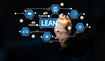 A businessman showcases lean principles through digital icons representing production efficiency and waste reduction in an innovative workspace setting. Tessel