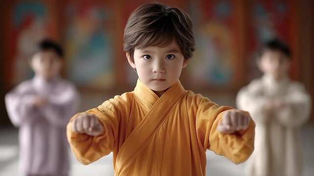 Little Shaolin Monk Practicing Martial Arts with Great Spirit