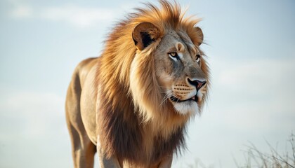 Male lion close-up with mane blowing in wind. Majestic animal head shot with strong fur, powerful gaze. Golden lion in natural habitat with cloudy blue sky background. Wild creature looks regal, calm.