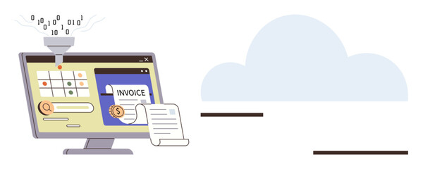 Monitor with active invoice processing, data analysis workflow, and cloud connection represents streamlined documentation and data sharing. Ideal for accounting, automation, digital workflow