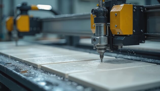 Automated cutting machine precisely shapes large ceramic slabs into uniform tiles. Industrial equipment operates in a modern factory setting, creating flooring materials.