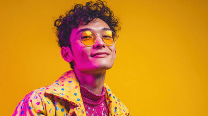 Gen-Z handsome Asian fashionable male smiling, wearing neon stylish clothes, retro vaporwave fashion style