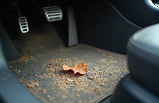 Close up of dirty car floor mat with sand, brown dry leaf. Shiny metallic pedals visible above mess. Vehicle interior shows need for urgent auto cleaning, detailing. Driver footwell neglected,
