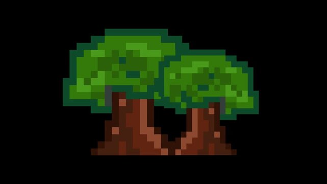 Animated video of pixel art style trees moving on a black background, art.
