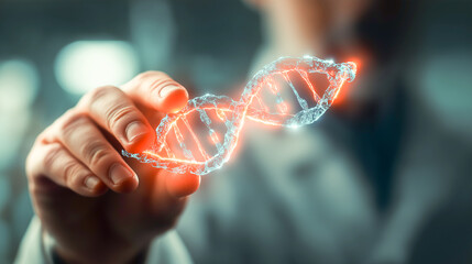 scientist holding DNA model with holographic