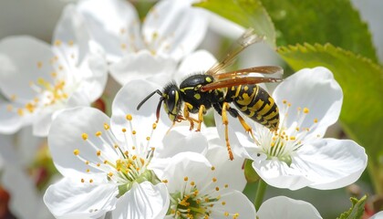 Yellow and Black Wasp on White Blossoms.