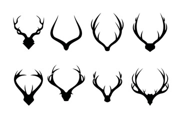 A diverse set of eight black deer antler silhouettes isolated on a white background.