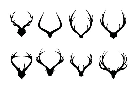 A diverse set of eight black deer antler silhouettes isolated on a white background.