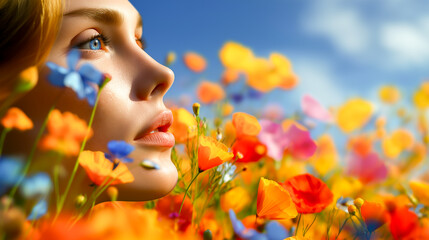 little girl with yellow flower field of wildflowers spring meadow