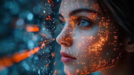 Digital art portrait of a woman with data overlay and futuristic elements. - Powered by Adobe
