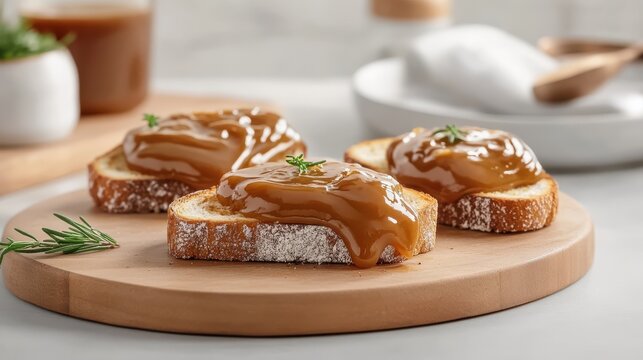 Three Slices of Toast with Dulce de Leche and Rosemary on a Wooden Board, a Delicious and Rustic Snack or Appetizer