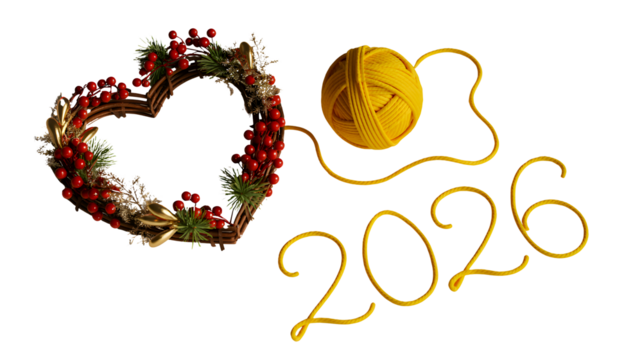 Heart wreath berries yarn craft handmade decoration holiday festive bright background creative design on transparent background