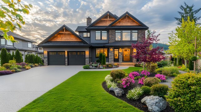 Beautiful blue house with green lawn high resolution picture