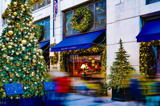 Ralph Lauren Retail Flagship Store Logo, Festive Display, Storefront Christmas Tree Decorations, Festivities, Bond Street, Central London, England, UK, December 2024