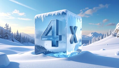 Frozen Ice Cube with 4X Symbol in Snowy Landscape.
