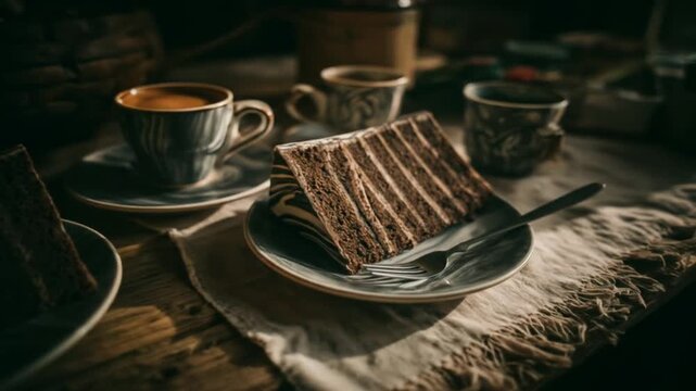 Decadent slice of chocolate cake with layered filling rests on a decorative plate near other desserts and coffee cups on a wooden surface, creating a warm and inviting atmosphere.