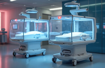 Two modern neonatal incubators with clear domes in a hospital room. Advanced baby care beds provide a safe, controlled environment for newborns. Medical equipment aids infant health.