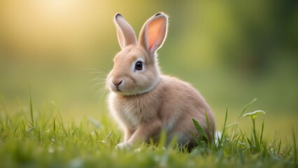 Fototapeta premium Cute brown rabbit sitting in green grass field during sunny spring day.
