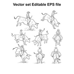 Fototapeta premium Vector art of set of nine cowboy and bull riding illustrations, , depicting rodeo action with riders on bulls and horses in dynamic poses, perfect for western themes