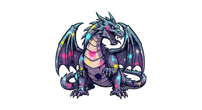 Dynamic graffiti dragon erupts with vibrant paint splashes, a fierce mythical creature ready for edgy designs and bold branding projects.