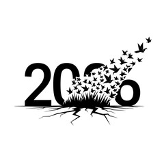 Year 2020 represented by origami birds flying out of cracked ground