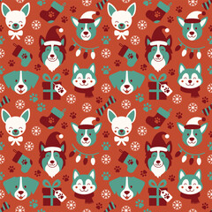 Seamless vector pattern with cute dog faces, holiday elements, snowflakes, stockings, gifts, and paw prints in flat festive style.
