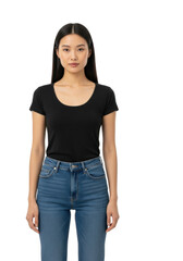 Fototapeta premium Young adult woman with long dark hair, black t-shirt, blue jeans, full body, standing in white studio with copy space, e-commerce apparel product display