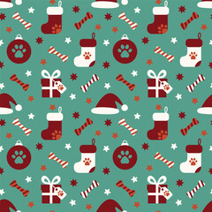 A seamless vector pattern featuring Christmas-themed pet elements, including stockings, Santa hats, paw prints, gift boxes, bones, stars, and ornaments in a festive flat design style.
