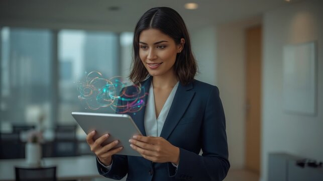 Businesswoman in a suit holding a tablet with a holographic display in a modern office space