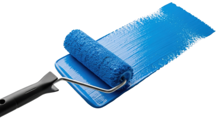 A standard paint roller with textured head, wet with vibrant cerulean blue paint, leaving a wide, textured stroke on a transparent background with copy space, Concept of renovation and transformation