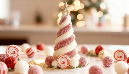 Festive Christmas tree-shaped dessert with red and white candy decorations and golden star topper on blurred holiday background