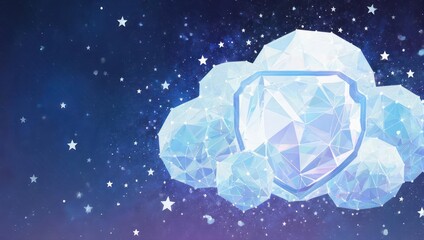 A stylized illustration of a cloud with a geometric, polygonal shield in a starry night sky