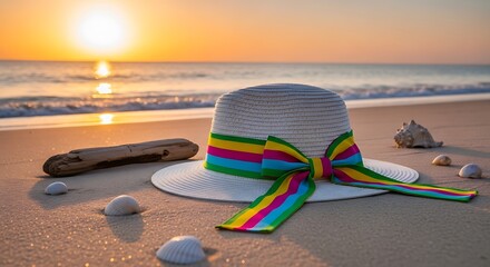 Beach hat at sunset with colorful ribbon and seashells on the sand.
