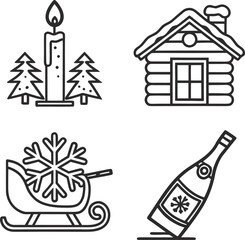 Christmas holiday icons set featuring candle sleigh cabin and champagne bottle isolated on transparent background