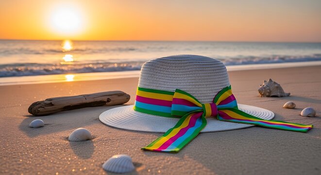 Beach hat at sunset with colorful ribbon and seashells on the sand.