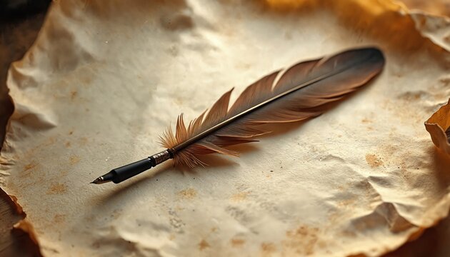 Vintage feather quill pen rests on aged paper. Old parchment brown stains, wrinkled texture. Retro writing tool for history, literature, education. Classic writing instrument, antique style,