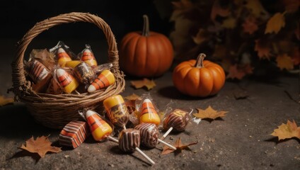 A rustic scene with a wicker basket overflowing with wrapped sweets and pumpkins, autumn leaves scattered
