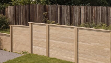 Two wooden fences of different designs with a green lawn and background trees