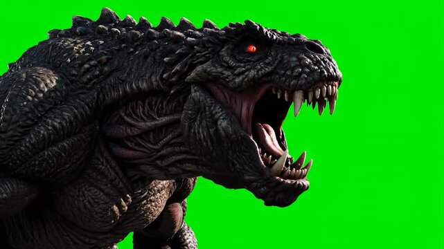 A large, fanged monster chomping and chewing on an invisible object, isolated on green screen green screen, composite, jaws