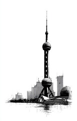 Monochrome artistic drawing of Shanghais iconic Oriental Pearl Tower.