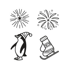 Festive christmas elements icons penguin snowman fireworks isolated on black isolated on transparent background
