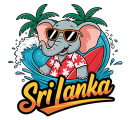 
Sri Lanka Elephant Surfer Cartoon Mascot with Sunglasses Surfboard Palm Trees Tropical Summer Vector Logo