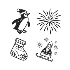Festive christmas icons collection featuring santa penguin fireworks and stocking symbols isolated on transparent background
