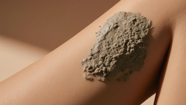 Close-up shows a person's leg with a thick, earthy-toned mud mask applied