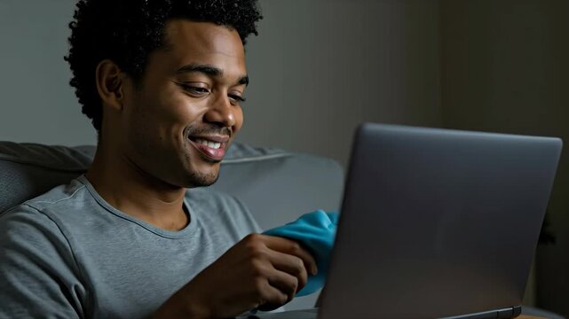 African american man holding blue ice pack to his cheek for pain relief while using laptop. Dental care and toothache treatment concept. Telehealth and home recovery banner