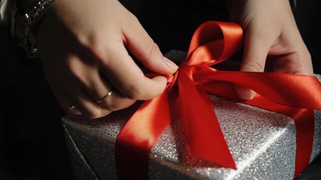 Womans hands carefully tying a vibrant red ribbon bow on a sparkling silver gift box.