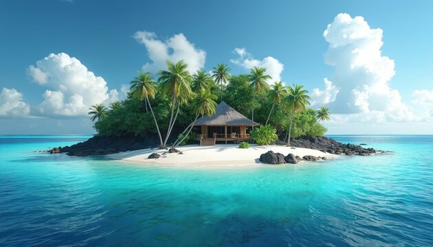 Idyllic tropical island features bungalow with palm trees. Lagoon with turquoise water surrounds white sand beach on coast. Clouds float in the blue sky above this exotic, paradise landscape.