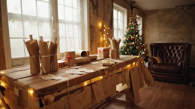 Cozy Christmas Room with Decorated Tree and Craft Table.