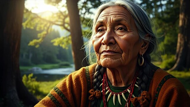 Elderly native american woman with gray braids in sunlit forest. realistic digital illustration. indigenous culture, wisdom, and heritage